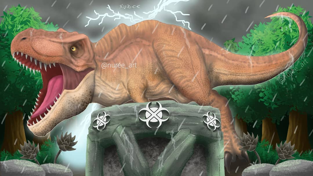 angry brown-body claws cloud detailed_background dinosaur fangs feral forest grass leaf lightning looking_at_another male nature nuree_art plant raining raised_tail reptile roaring scalie sky solo storm theropod tree tyrannosaurid tyrannosaurus tyrannosaurus_rex wood