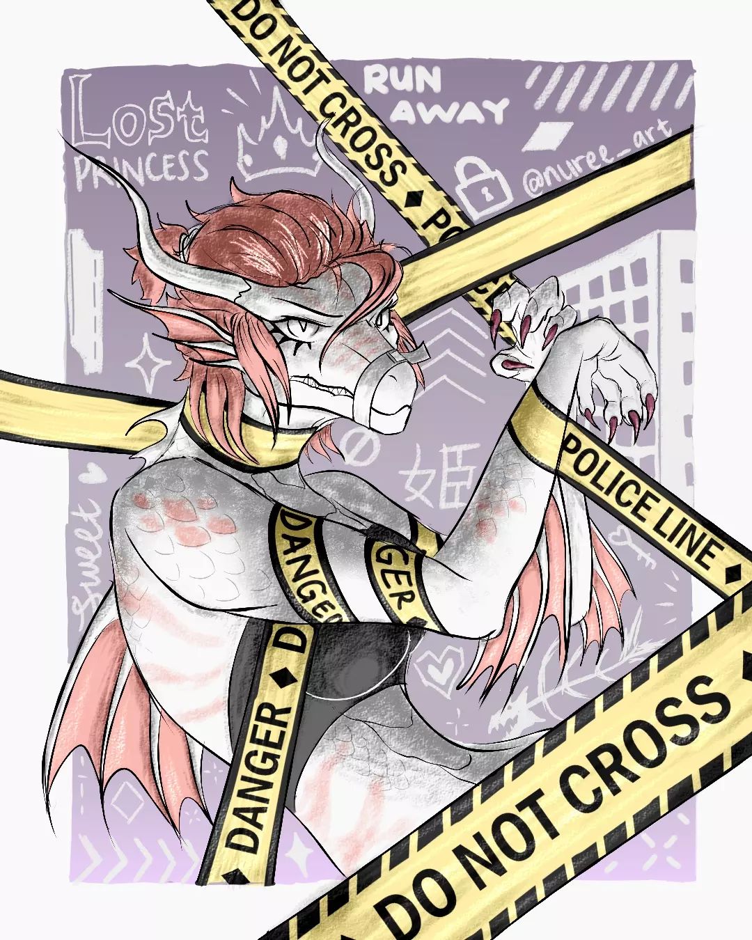 abstract_background anthro claws clothing crop_top dragon fangs hi_res horn line_art looking_at_viewer mouth_closed nuree_art pinup police_line pose scalie shirt simple_background sketch spikes temptation topwear western_dragon