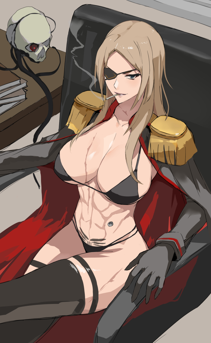 1girl abs bikini black_bikini blonde_hair blue_eyes breasts cigarette commissar eyepatch large_breasts long_hair looking_at_viewer mikazuki_shigure pubic_tattoo scar servo-skull smoking swimsuit tattoo thighhighs toned warhammer_40k