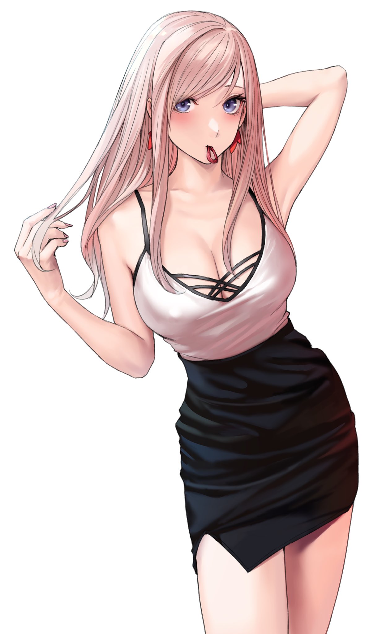 1girl alternate_costume alternate_hairstyle applekun blue_eyes breasts cleavage earrings fate/grand_order fate_(series) hair_down hair_tie_in_mouth high-waist_skirt highres jewelry large_breasts looking_at_viewer miyamoto_musashi_(fate) mouth_hold simple_background skirt solo tank_top white_background