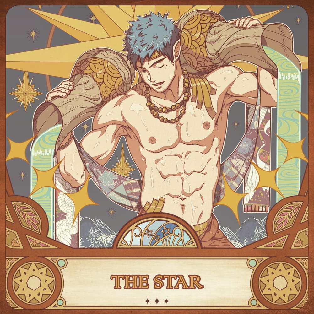 1boy abs blue_hair headband holding jewelry male_focus mazjojo muscular muscular_male navel necklace nipples open_mouth original pectorals short_hair solo tarot the_star_(tarot) upper_body water yellow_headband