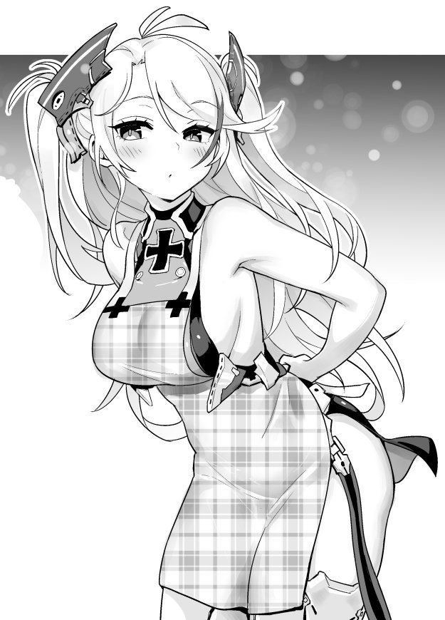 1girl apron ass azur_lane blush breasts closed_mouth expressionless greyscale hori_(hori_no_su) large_breasts long_hair looking_at_viewer monochrome prinz_eugen_(azur_lane) sideboob solo unmoving_pattern