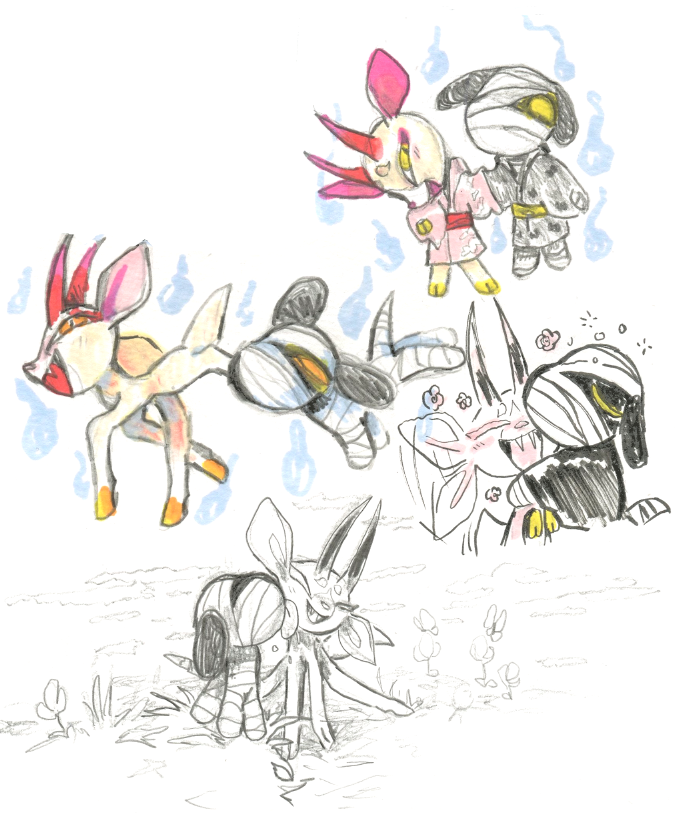 2n2n animal_crossing anthro bandage big_ears canid canine canis cervid domestic_dog ear_flaps embrace face_lick female feral feralized horn hug licking long_horn lucky_(animal_crossing) male male/female mammal mummy nintendo shino_(animal_crossing) sketch tongue tongue_out toony traditional_media_(artwork) undead video_games