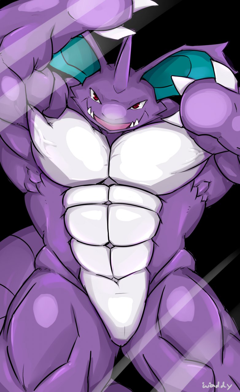 2014 abs against_surface anthro digital_media_(artwork) generation_1_pokemon glass hi_res horn long_ears looking_at_viewer male muscular muscular_anthro muscular_arms muscular_male muscular_thighs nidoking nintendo on_glass open_mouth pecs pokemon pokemon_(species) purple_body red_eyes signature solo underbite veiny_muscles video_games waddledox white_body