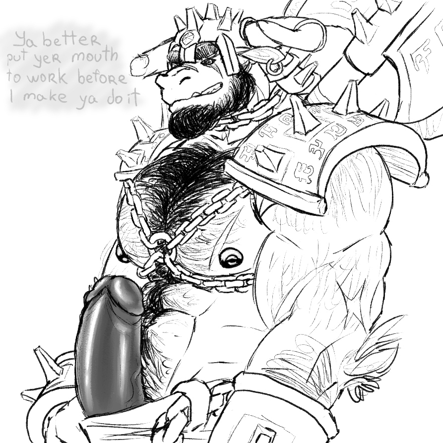 anthro arm_hair armor axe beard big_penis body_hair bovid bovine cattle chest_hair dialogue erection facial_hair genitals harness looking_at_viewer male mammal melee_weapon penis poking_out simonsbathtub sketch solo story story_in_description weapon
