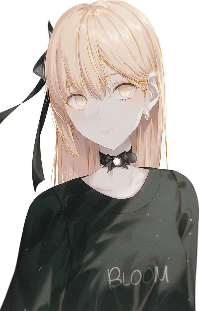 1girl artoria_pendragon_(fate) bangs black_bow black_choker black_shirt blonde_hair bow choker closed_mouth collarbone fate/stay_night fate_(series) fov_ps hair_between_eyes hair_bow long_hair looking_at_viewer saber_alter shiny shiny_hair shirt simple_background solo straight_hair upper_body white_background yellow_eyes