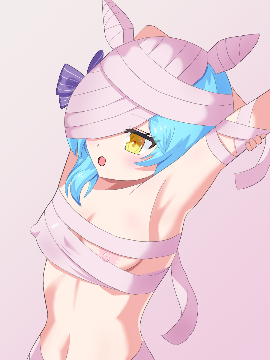 animal_humanoid areola bandage blue_hair blush bow_ribbon breasts clothed clothing covering_body erect_nipples erection erection_under_clothing female hair hand_over_head hi_res humanoid lagomorph lagomorph_humanoid leporid_humanoid mammal mammal_humanoid navel nipples nude open_mouth rabbit_humanoid sanrio short_hair show_by_rock!! small_breasts uiui_(show_by_rock!!) yellow_eyes
