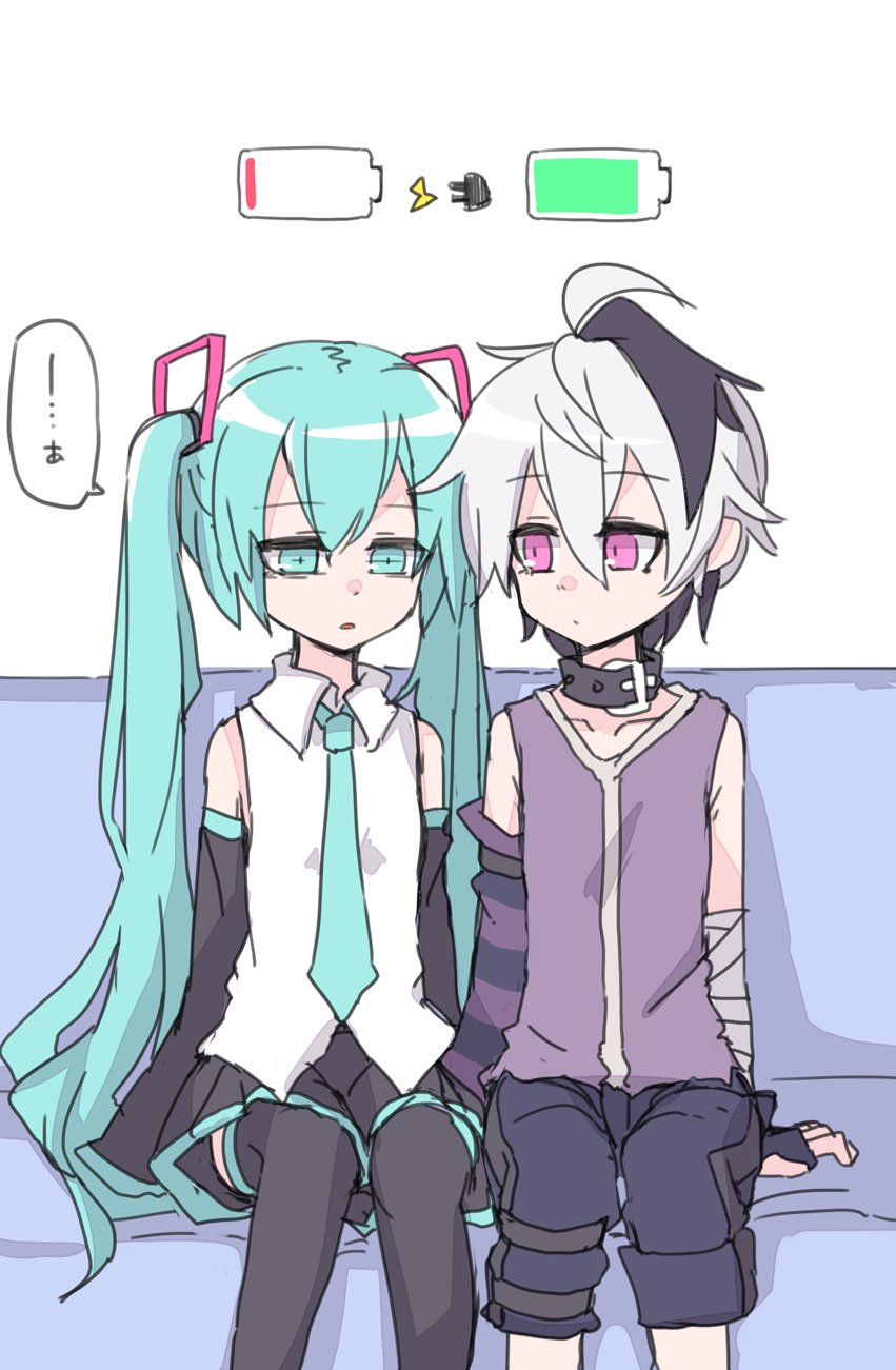 2girls android aqua_eyes aqua_hair aqua_necktie arm_warmers bandaged_arm bandages bare_shoulders battery_indicator belt_collar black_skirt black_sleeves black_thighhighs collar commentary couch detached_sleeves dot_mouth feet_out_of_frame fingerless_gloves flower_(vocaloid) flower_(vocaloid4) gloves hair_ornament hatsune_miku hatsune_miku_(vocaloid4) highres lightning_bolt_symbol long_hair looking_at_another miniskirt miri_(miri_1m) multicolored_hair multiple_girls necktie parted_lips pleated_skirt purple_gloves purple_hair purple_shirt purple_shorts shirt short_hair shorts single_arm_warmer sitting skirt sleeveless sleeveless_shirt speech_bubble streaked_hair striped_arm_warmers thighhighs translated twintails v4x very_long_hair vocaloid waking_up white_hair white_shirt zettai_ryouiki