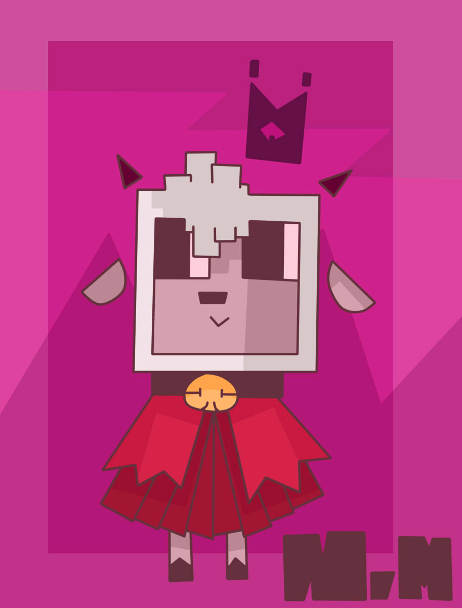 ambiguous_gender anthro bell big_eyes bovid brown_body cape caprine clothing crown cult_of_the_lamb floating_ears floating_horn fur hi_res horn lamb_(cult_of_the_lamb) mammal nyamimi red_cape sheep smile solo style_parody wool_(fur)