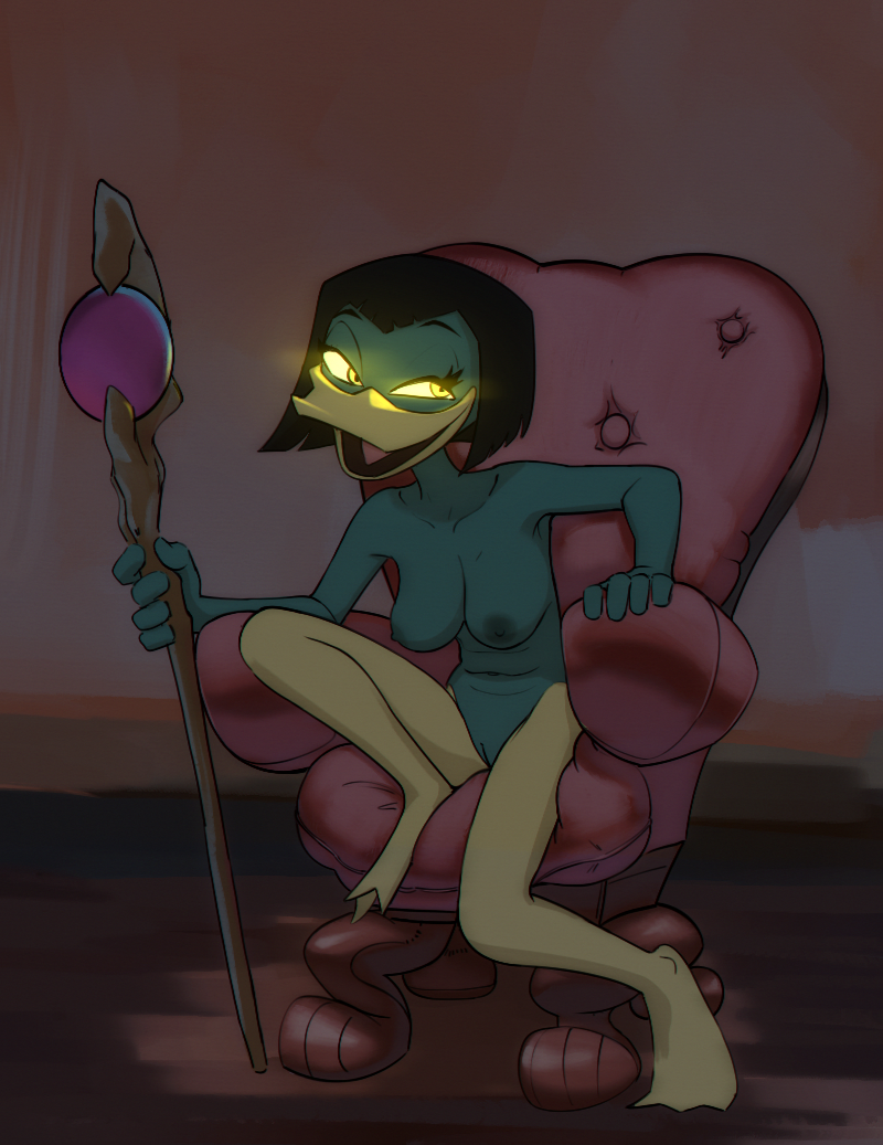 anatid anseriform anthro avian bird breasts casual_nudity disney drockdraw duck ducktales ducktales_(2017) female genitals glowing glowing_eyes green_body magica_de_spell nipples nude pussy sitting solo