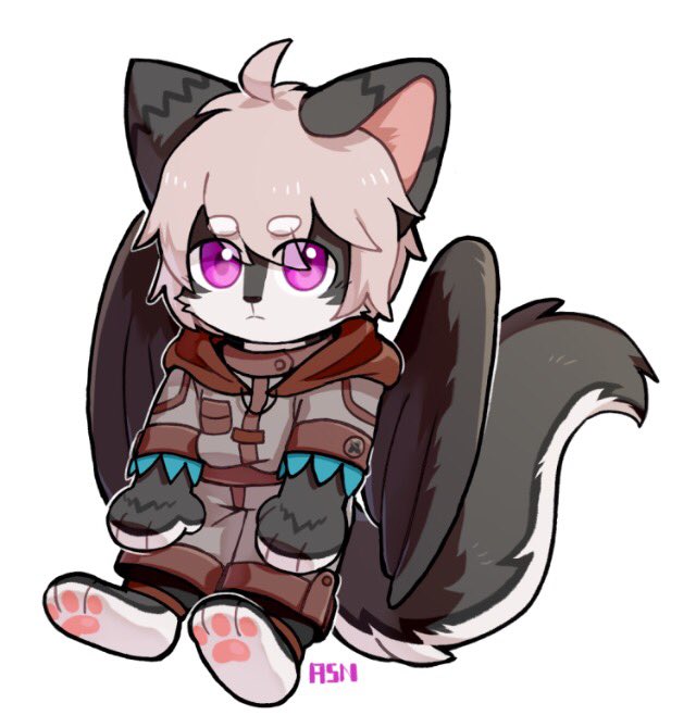 anthro asnnonaka bottomwear chibi clothed clothing eye_through_hair front_view fur glistening glistening_eyes grey_body grey_bottomwear grey_clothing grey_ears grey_fur grey_hair grey_pants grey_tail grey_topwear grey_wings hair looking_at_viewer male mouth_closed pants pawpads pink_inner_ear pink_pawpads purple_eyes signature simple_background solo topwear translucent translucent_hair white_background white_body white_fur white_tail wings