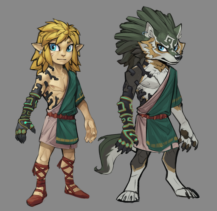 2022 5_fingers anthro anthrofied blonde_hair blue_eyes canid canine canis clothing duo ear_piercing ear_ring elranno fingers footwear fur hair humanoid humanoid_pointy_ears hylian link link_(wolf_form) mammal nintendo pawpads piercing ring_piercing simple_background square_crossover the_legend_of_zelda video_games wolf