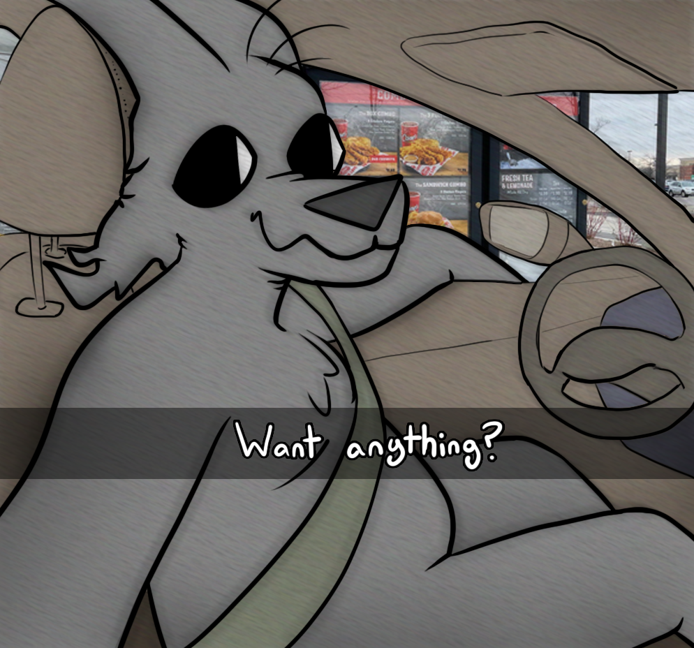 anthro burgerpocalypse canid canine canis car coyote drive-thru fur grey_body grey_fur he_wants_to_order inside_car looking_at_viewer male mammal meme menu_board seatbelt selfie solo steering_wheel text vehicle