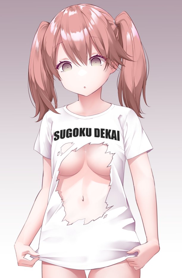 1girl :o alternate_costume breast_conscious brown_hair commentary_request empty_eyes flat_chest gradient gradient_background hair_between_eyes kantai_collection kirigakure_(kirigakure_tantei_jimusho) long_hair parted_lips ryuujou_(kancolle) shirt shitty_t-shirt_naval_base short_sleeves simple_background solo sugoi_dekai t-shirt twintails white_shirt