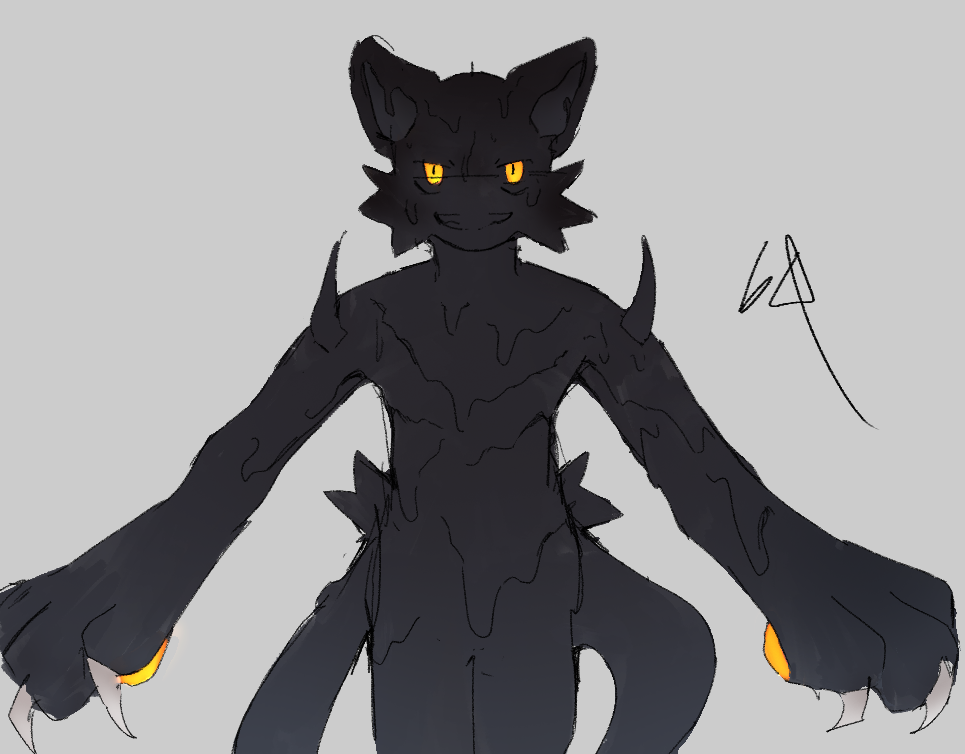 2022 3_fingers ambiguous_gender anthro batteryacid6969 big_feet biped claws digital_media_(artwork) dripping evil_grin facial_tuft feet felid feline fingers glowing glowing_eyes glowing_pawpads goo_creature grey_background grin long_arms looking_at_viewer mammal pawpads paws prick_ears pupils signature simple_background slime slit_pupils sludge smile solo spikes spread_arms standing