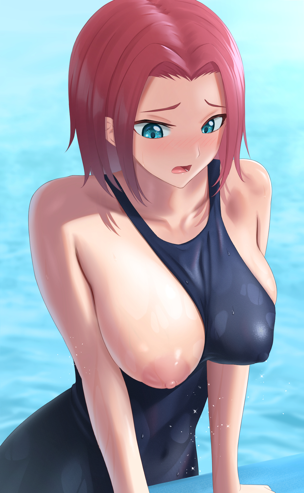 1girl blue_eyes blue_one-piece_swimsuit blush breast_slip breasts code_geass collarbone commentary_request embarrassed highres kallen_stadtfeld large_breasts looking_down nipples pool puffy_nipples red_hair run_sho school_swimsuit short_hair skin_tight solo swimsuit undersized_clothes upper_body water_drop wet