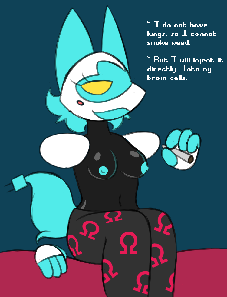 android anthro black_body blue_body blue_fingers blue_fur blue_hair blue_mouth blue_tail blush blush_stickers bottomwear breasts clothed clothing colored_sketch darkner deltarune drugs felid feline female fur generation_9_pokemon glistening glistening_body glistening_breasts hair holding_blunt holding_object hybrid jadebbutts machine mammal marijuana multicolored_body navel nintendo nipples pajama_pants pants pokemon pokemon_(species) robot sitting sketch solo sprigatito tasque_manager topless topless_female undertale_(series) video_games white_body yellow_eyes