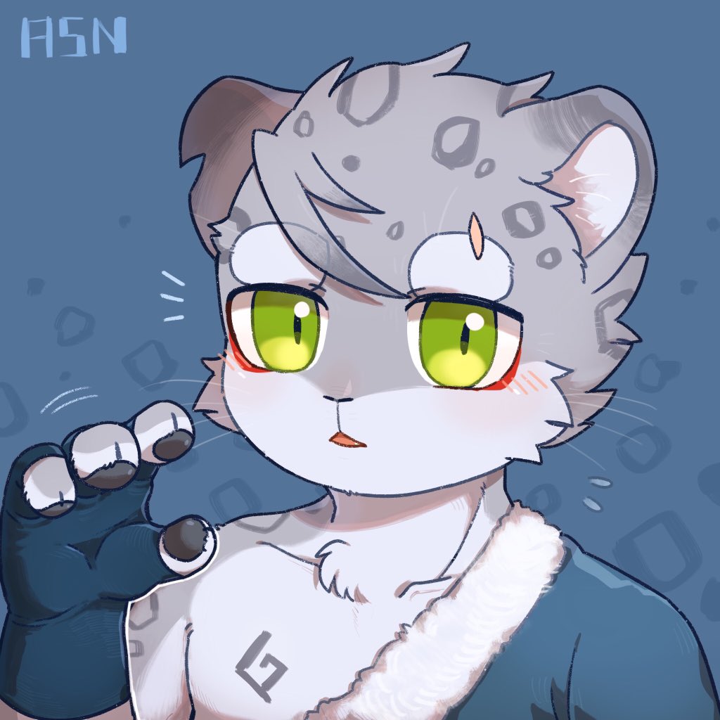 1:1 anthro asnnonaka black_pawpads blue_clothing blue_gloves blue_handwear blue_topwear blush bust_portrait cheek_tuft clothed clothing facial_tuft fingerless_gloves front_view fur glistening glistening_eyes gloves green_eyes grey_body grey_ears grey_fur handwear head_tuft looking_at_viewer male open_mouth pawpads portrait signature simple_background solo species_request topwear tuft whiskers white_body white_fur