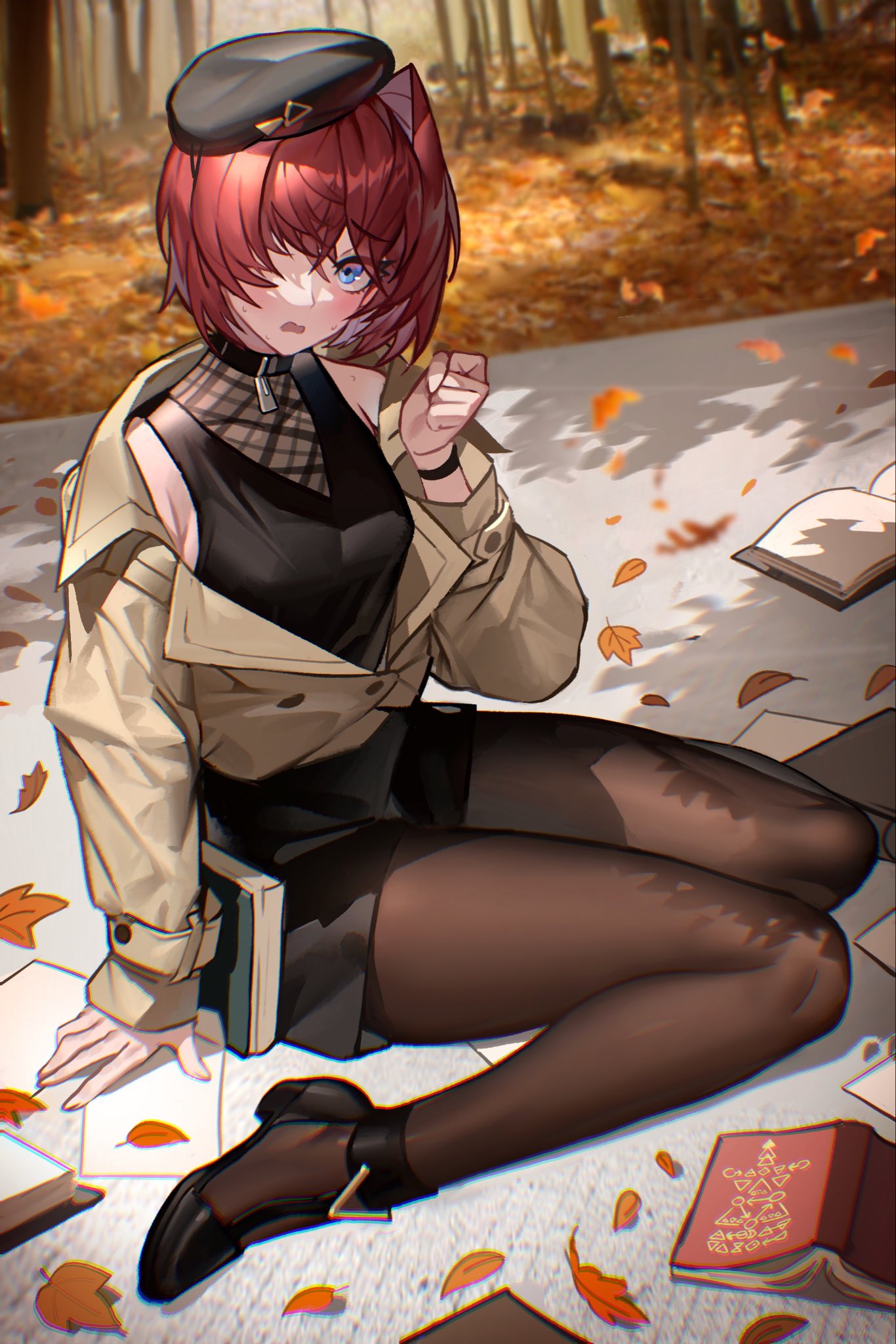 1girl ange_katrina autumn_leaves bangs black_dress black_headwear blue_eyes blush book brown_jacket brown_pantyhose dress full_body hair_intakes hair_over_one_eye hat highres jacket long_sleeves looking_at_viewer nijisanji off_shoulder open_book open_clothes open_jacket open_mouth outdoors pantyhose red_hair shoes solo theamazingspino virtual_youtuber war
