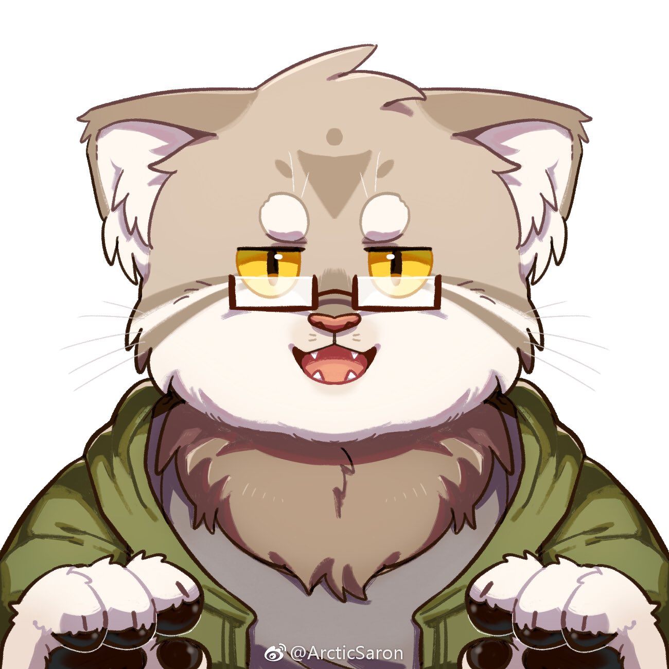 1:1 anthro artist_name asnnonaka black_pawpads bust_portrait cheek_tuft clothed clothing eyewear facial_tuft fangs felid front_view fur glasses glistening glistening_eyes glistening_pawpads green_clothing green_topwear grey_body grey_clothing grey_ears grey_fur grey_topwear head_tuft hi_res inner_ear_fluff male mammal neck_tuft open_mouth overweight overweight_anthro overweight_male pawpads portrait pupils red_nose red_tongue simple_background slit_pupils solo square_glasses tongue topwear tuft whiskers white_background white_body white_fur white_inner_ear_fluff