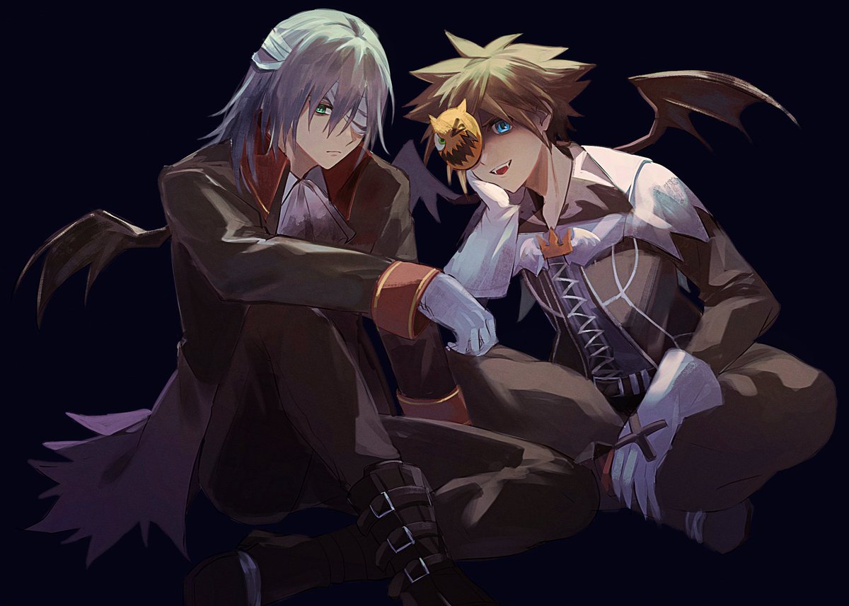 2boys aqua_eyes ascot bandage_over_one_eye bandaged_head bandages black_background black_jacket black_pants blue_eyes brown_hair collared_shirt demon_wings fangs foot_out_of_frame full_body gloves grey_hair hair_between_eyes head_on_hand indian_style jacket kingdom_hearts long_sleeves male_focus medium_hair multiple_boys official_alternate_costume one_eye_covered open_mouth pants riku_(kingdom_hearts) shirt short_hair sitting smile sora_(kingdom_hearts) spiked_hair white_ascot white_gloves wings wosinnk