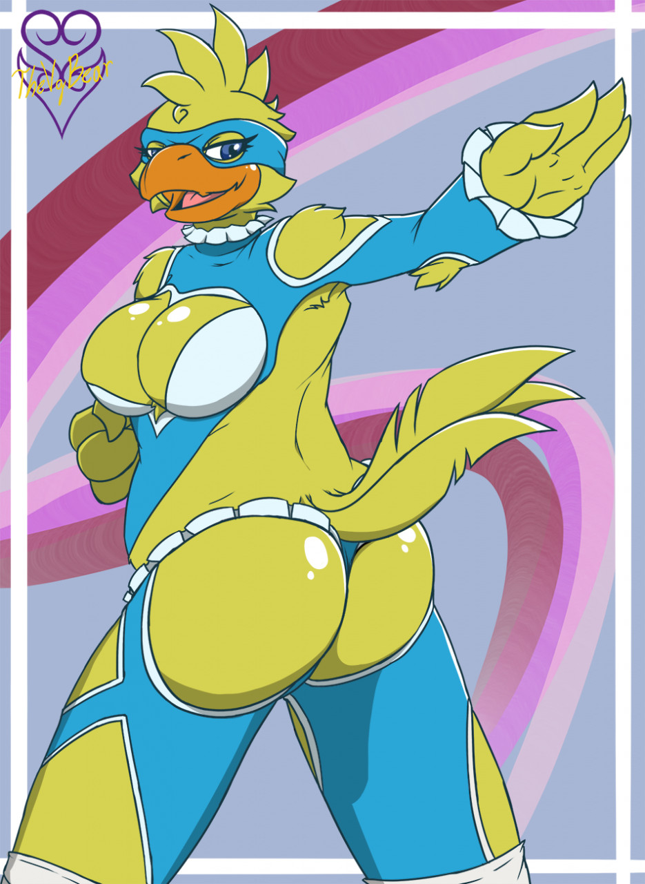 2022 4_fingers accessory alternate_form alternate_species anthro anthrofied avian beak belly big_breasts big_butt bird blue_eyes breasts butt capcom chica_(fnaf) chicken clothed clothing cosplay costume crossover crossover_cosplay curvy_figure digital_media_(artwork) feathered_wings feathers female fingers five_nights_at_freddy's front_view galliform gallus_(genus) hi_res looking_back mask non-mammal_breasts orange_beak overweight overweight_anthro overweight_female phasianid rainbow_mika scottgames signature simple_background slightly_chubby slightly_chubby_anthro slightly_chubby_female smile solo street_fighter thevgbear thick_thighs topwear video_games wide_hips wings yellow_body yellow_eyes yellow_feathers yellow_skin