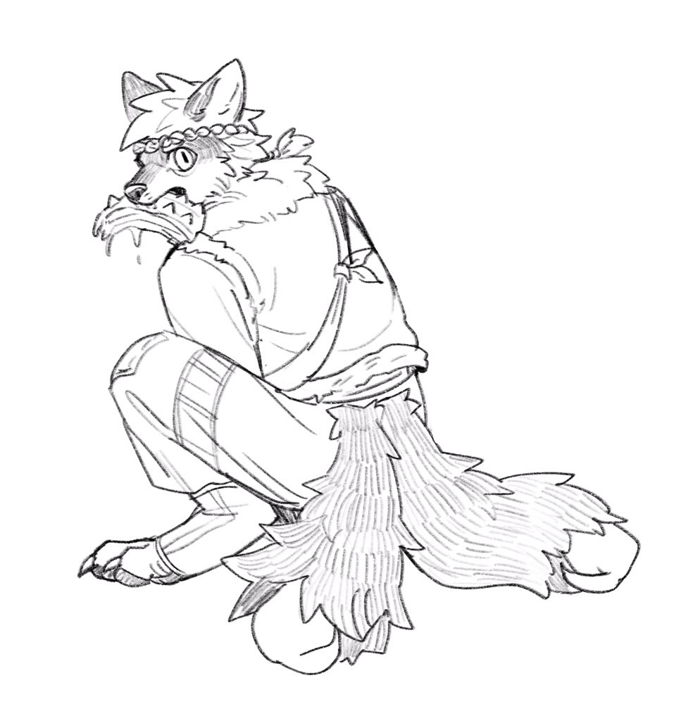 2_tails anthro asnnonaka bottomwear canid cheek_tuft clothed clothing crouching digitigrade facial_tuft hair looking_at_viewer male mammal multi_tail neck_tuft object_in_mouth short_hair simple_background solo three-quarter_view topwear tuft unsigned wide_eyed