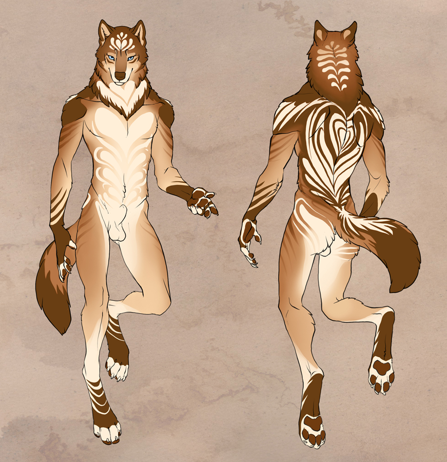 2015 animal_genitalia anthro athletic balls blue_eyes brown_body brown_fur brown_paws canid canine canis claws fully_sheathed fur fur_markings genitals hibbary looking_at_viewer male mammal markings model_sheet monotone_body monotone_fur neck_tuft nude pawpads sheath simple_background smile solo tan_body tan_fur tuft white_body white_claws white_fur wolf