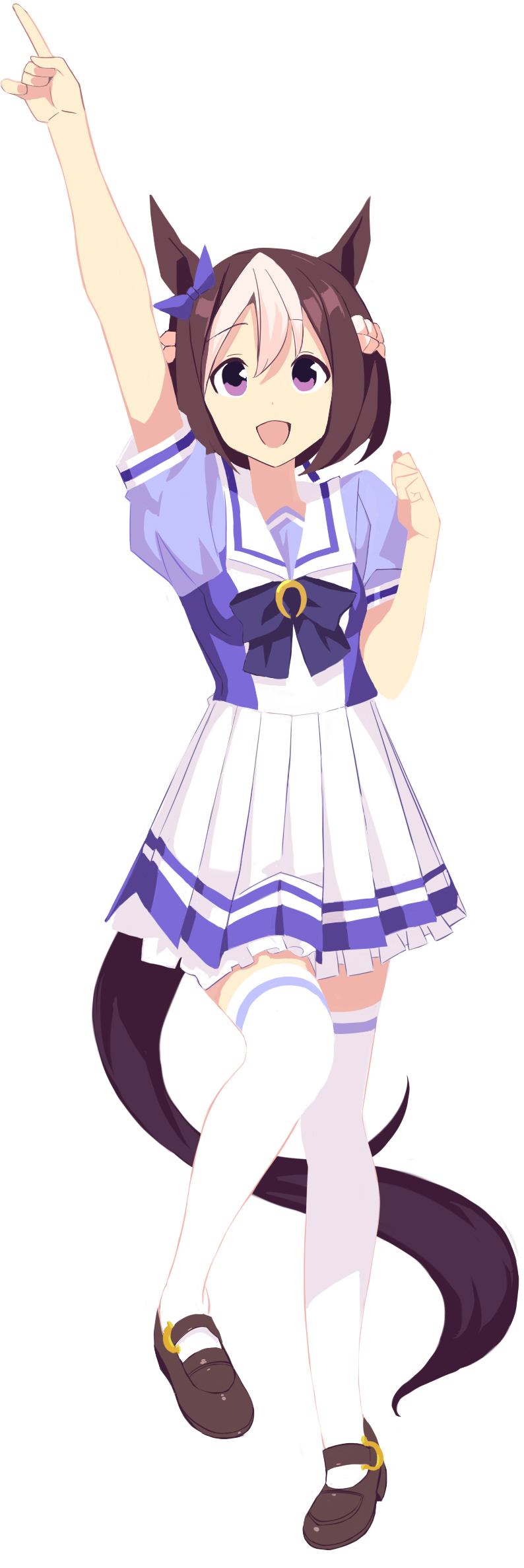1girl :d animal_ears arm_up bangs blue_shirt brown_footwear brown_hair frilled_skirt frills full_body hair_between_eyes hand_up highres horse_ears horse_girl horse_tail looking_at_viewer multicolored_hair pleated_skirt puffy_short_sleeves puffy_sleeves purple_eyes school_uniform shirt shoes short_sleeves simple_background skirt smile solo special_week_(umamusume) standing standing_on_one_leg tail taka_(takahirokun) thighhighs tracen_school_uniform two-tone_hair umamusume white_background white_hair white_skirt white_thighhighs