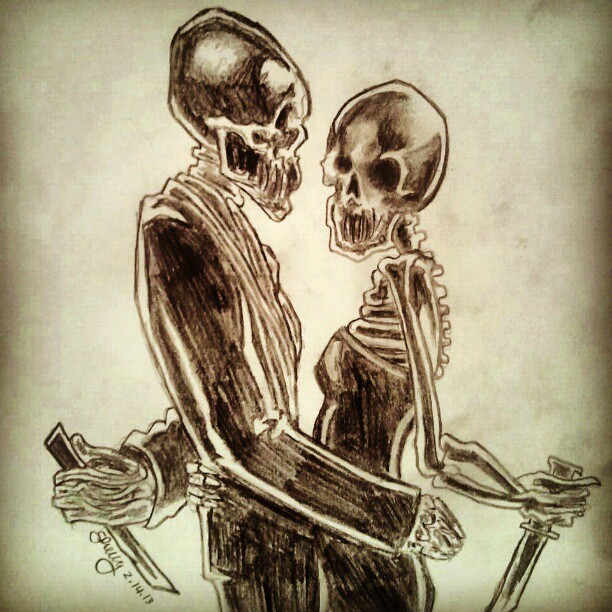 a_little_piece_of_heaven animated_skeleton avenged_sevenfold black_and_white bone clothing dark donttouchthemap female grimdark holidays humanoid imminent_murder knife male male/female married married_couple monochrome skeleton skull song undead unrequited_love valentine's_day weapon