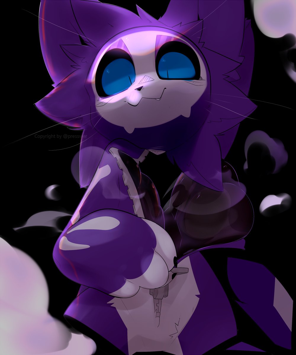 2022 5:6 :3 ambiguous_gender anthro artist_name black_background black_nose black_pupils black_sclera blue_eyes body_zipper constricted_pupils cute_fangs digital_media_(artwork) domestic_cat english_text facial_markings felid feline felis floating_head fluffy fog front_view fur half-length_portrait head_markings head_tuft hi_res light lighting looking_down_at_viewer low-angle_view male_(lore) mammal markings mask_(marking) multicolored_body multicolored_fur multicolored_tail portrait presto_(artist) presto_(character) pupils purple_body purple_ears purple_fur purple_tail scary shaded simple_background slit_pupils small_pupils smoke snout solo text tuft unzipping whiskers white_body white_fur white_markings white_tail zipper