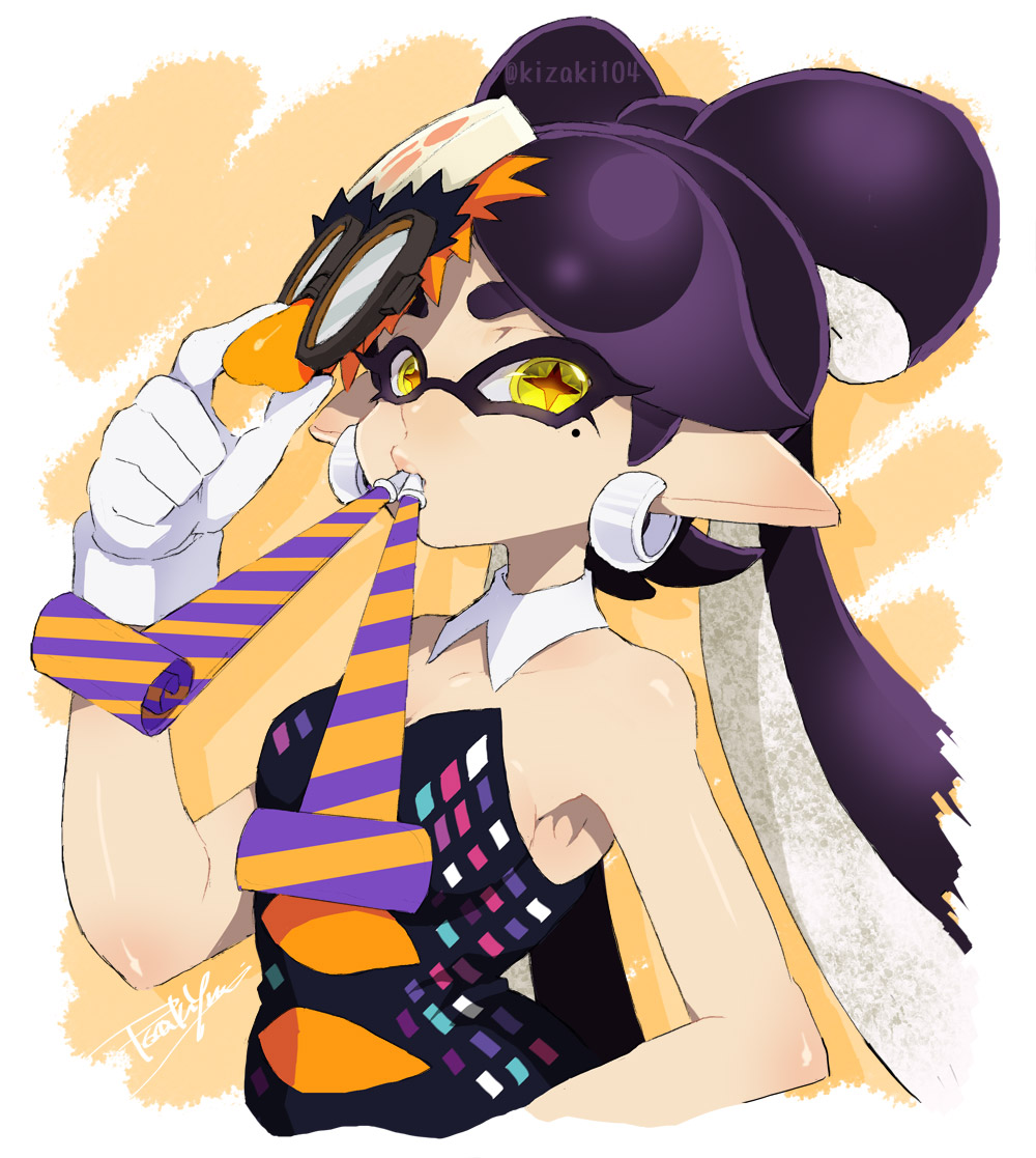 1girl adjusting_eyewear breasts callie_(splatoon) cleavage cross-shaped_pupils detached_collar earrings food food_on_head funny_glasses glasses gloves hand_up isamu-ki_(yuuki) jewelry long_hair medium_breasts mole mole_under_eye object_on_head party_horn pointy_ears purple_hair solo splatoon_(series) splatoon_1 tentacle_hair twitter_username upper_body white_gloves yellow_eyes