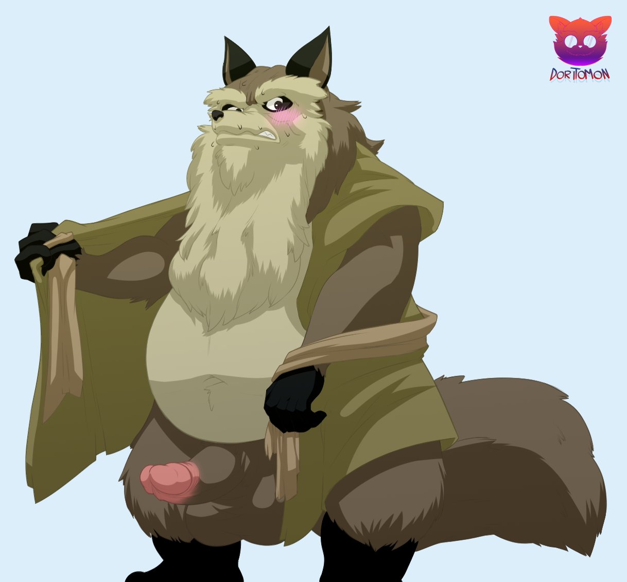 2022 anthro balls beard blush brown_body canid canine doritomon erection facial_hair genitals ghibli humanoid_hands inugami_gyoubu_(pom_poko) male mammal mature_male overweight overweight_male penis pom_poko raccoon_dog solo tanuki