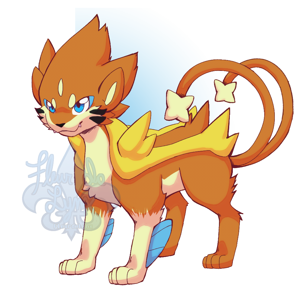 2_tails 4_toes all_fours alpha_channel ambiguous_gender blue_eyes fangs feet feral fleurdelynx floatzel fur fusion generation_4_pokemon luxray multi_tail nintendo orange_body orange_ears orange_fur pok&eacute;mon_fusion pokefarm pokemon pokemon_(species) simple_background solo toes transparent_background video_games watermark