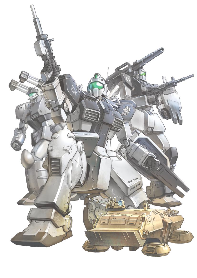 assault_visor cover_image gm_(mobile_suit) gm_cannon ground_vehicle gun guncannon_ground_type gundam gundam_side_story:_rise_from_the_ashes holding holding_gun holding_shield holding_weapon hover_vehicle mecha military military_vehicle motor_vehicle no_humans official_art robot saitani_umetarou science_fiction shield shoulder_cannon tank weapon white_background