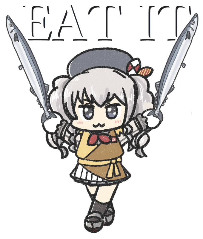 1girl adapted_costume apron beret black_headwear chibi crossed_legs ferretsan7 fish frilled_sleeves frills full_body grey_eyes grey_hair hat kantai_collection kashima_(kancolle) multicolored_apron parody saury sidelocks skirt solo standing this_is_it transparent_background twintails wavy_hair white_skirt yellow_apron