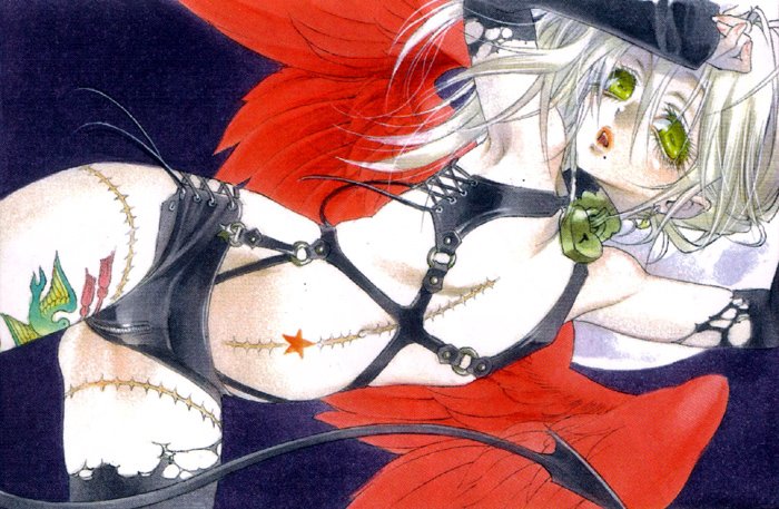 benio_(zone-00) demon_tail earrings green_eyes jewelry kujou_kiyo lock male_focus mole mole_under_mouth otoko_no_ko padlock solo tail tattoo thighhighs white_hair wings zone-00