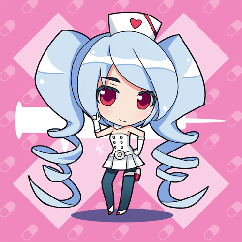 alternate_hairstyle drill_hair hatsune_miku kaizeru koiiro_byoutou_(vocaloid) long_hair lowres nurse pantyhose project_diva_(series) project_diva_2nd red_eyes solo syringe very_long_hair vocaloid