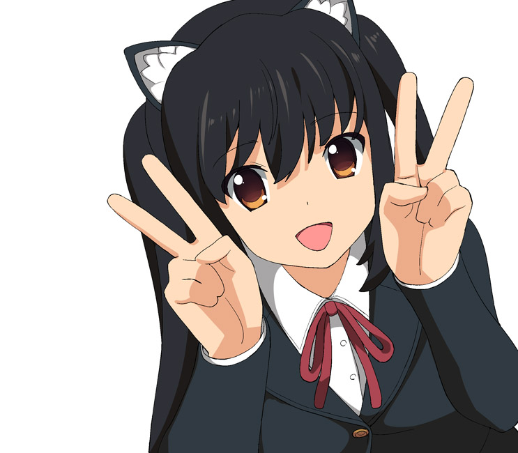 :d a1 animal_ears black_hair blazer brown_eyes cat_ears double_v jacket k-on! long_hair nakano_azusa neck_ribbon open_mouth red_ribbon ribbon school_uniform simple_background smile solo twintails upper_body v