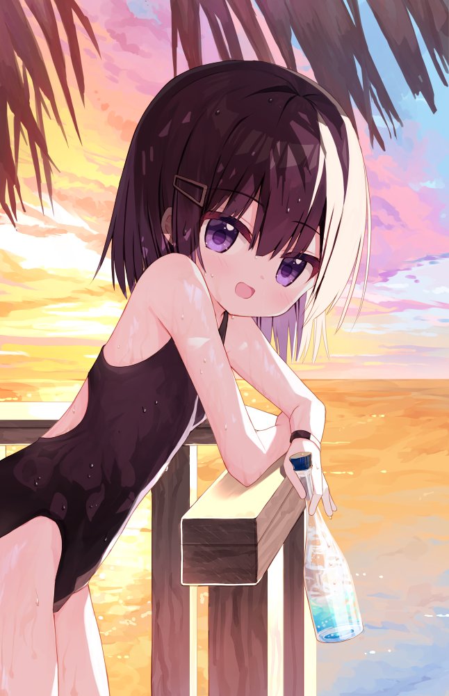 1girl :d bangs bare_arms bare_shoulders black_hair black_one-piece_swimsuit bottle casual_one-piece_swimsuit cloud cloudy_sky commentary_request from_side hair_between_eyes hair_ornament hairclip holding holding_bottle horizon leaning_forward looking_at_viewer looking_to_the_side ocean one-piece_swimsuit original outdoors palm_tree purple_eyes shiho_(yuuhagi_(amaretto-no-natsu)) sky smile solo sunset swimsuit tree water wet wet_clothes wet_swimsuit yuuhagi_(amaretto-no-natsu)