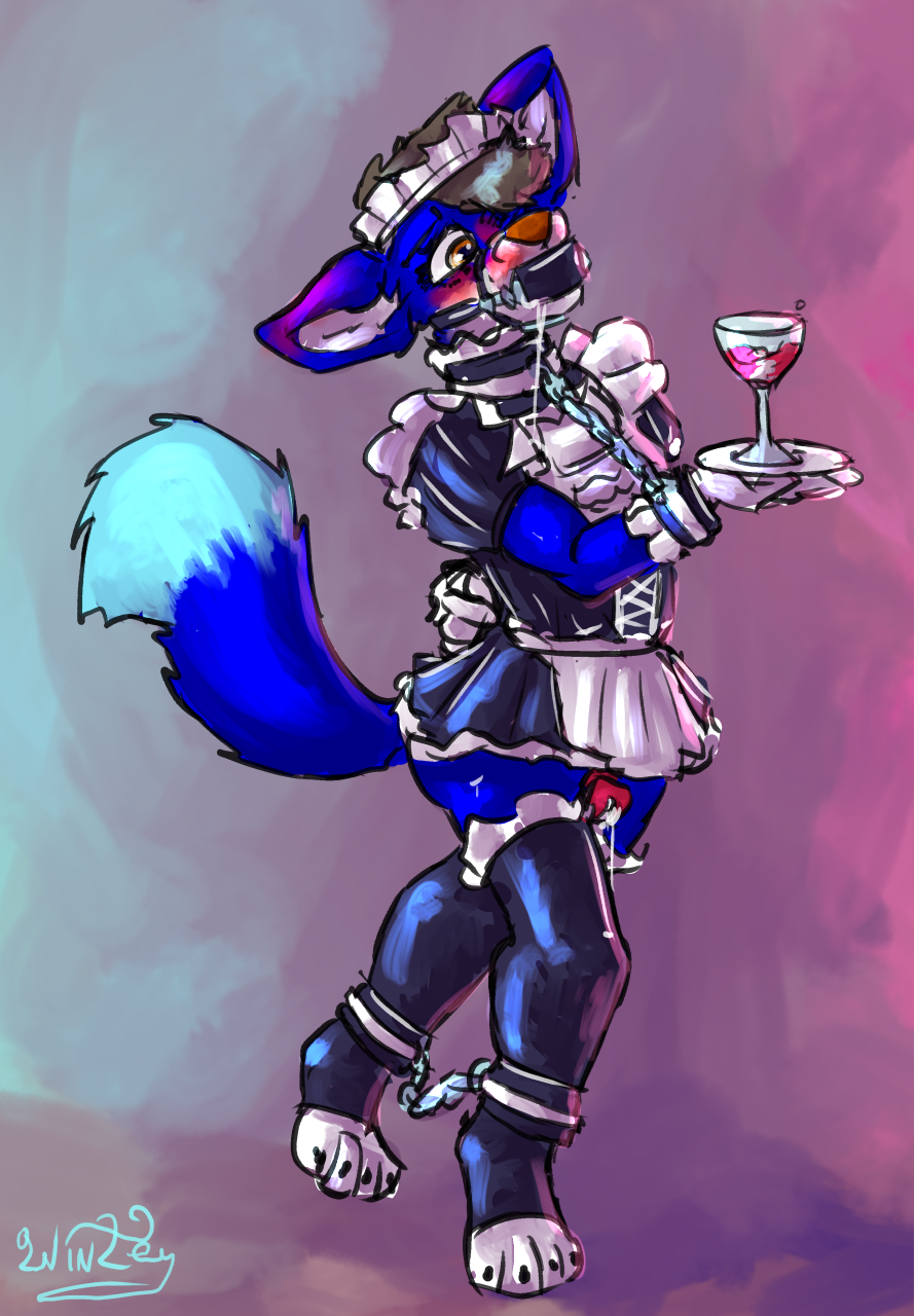 aliaspseudonym ankle_chain anthro armbinder binder_(restraint) bondage_gear canid canine chastity_cage chastity_device clothing fox gag hi_res maid_uniform male mammal panel_gag restraints solo uniform warrenfox