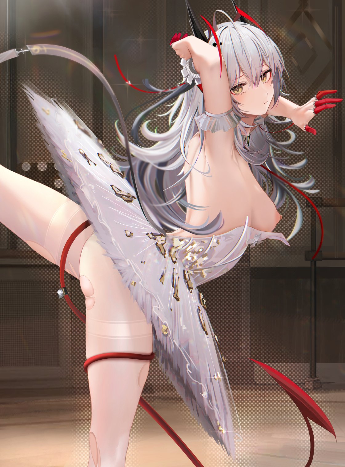 1girl alternate_costume arknights arm_strap arm_up armpits ballerina ballet bangs breasts breasts_out closed_mouth dress finger_cots from_side grey_hair highres horns long_hair looking_at_viewer medium_breasts nipples pantyhose ru_zhai solo standing standing_on_one_leg thighs torn_pantyhose tutu w_(arknights) white_dress white_pantyhose yellow_eyes