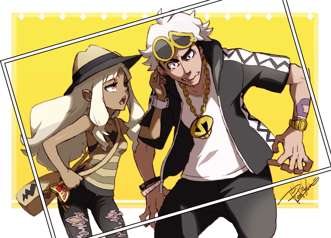 1boy 1girl arm_tattoo bangs black_pants dark-skinned_female dark_skin ear_pull expressive_clothes eyewear_on_head guzma_(pokemon) half-closed_eyes hand_on_hip hand_up hat isamu-ki_(yuuki) long_hair looking_at_another open_mouth pants parted_bangs pink_eyes pokemon pokemon_(game) pokemon_sm selene_(pokemon) single_tear striped striped_tank_top sunglasses tank_top tattoo teeth torn_clothes torn_pants watch white_hair wristwatch z-ring