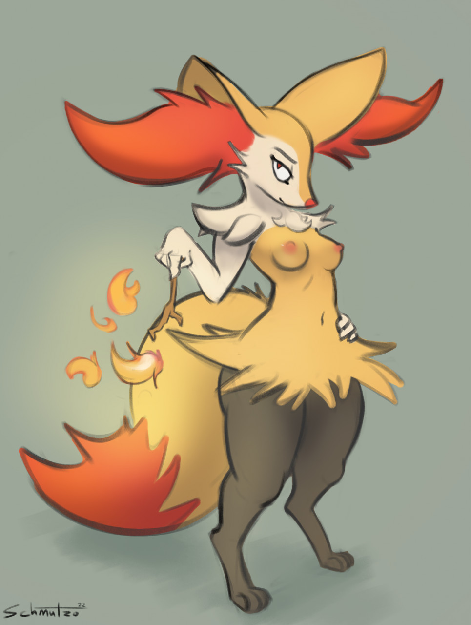 2022 4_fingers anthro areola big_ears biped braixen breasts cheek_tuft chest_tuft claws countershade_face countershading digital_media_(artwork) digitigrade dipstick_tail ear_tuft eyelashes facial_tuft female finger_claws fingers fire fluffy fluffy_tail generation_6_pokemon grey_background hand_on_hip hi_res looking_at_viewer markings navel nintendo nipples pink_nipples pokemon pokemon_(species) schmutzo shoulder_tuft signature simple_background solo tail_markings tuft twig video_games white_body white_countershading