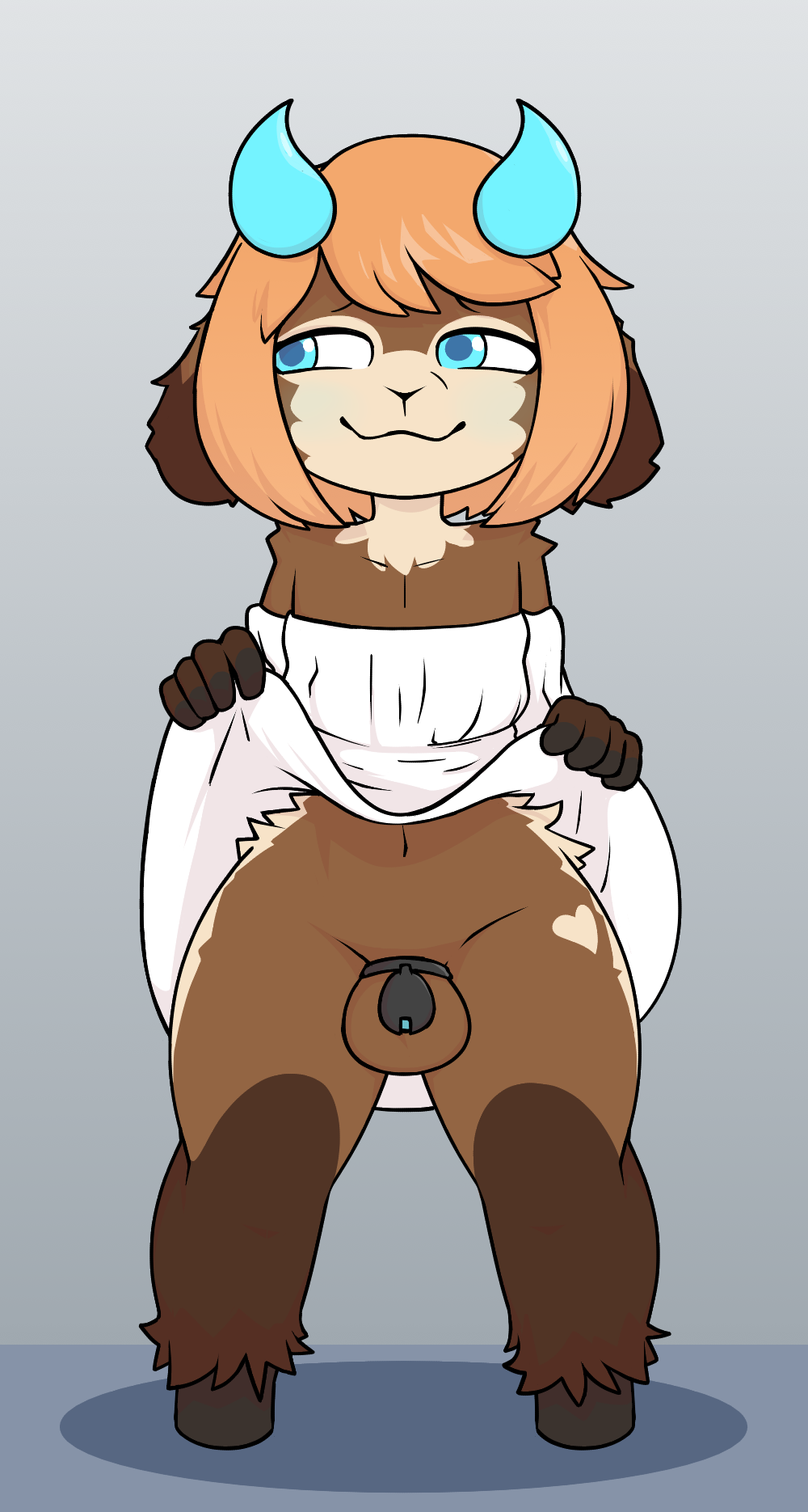&lt;3 anthro blush bovid brown_body brown_fur caprine chastity_device clothed clothing clothing_lift dress fur girly goat hi_res hooves male mammal razzybun solo solo_focus thick_thighs