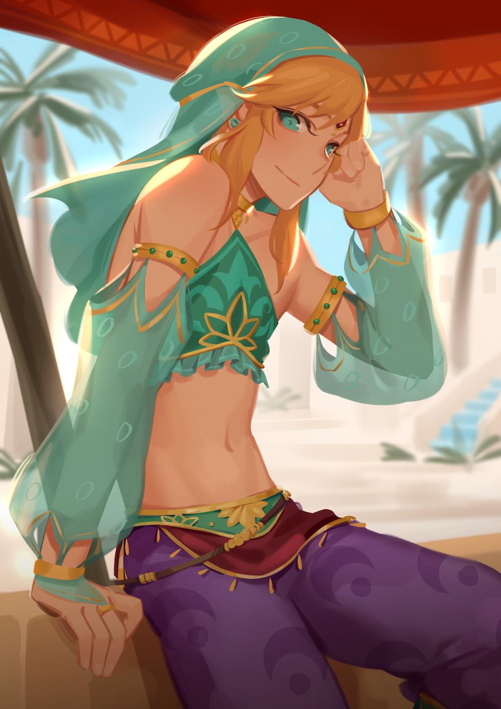 1boy aqua_eyes aqua_shirt arabian_clothes bangs bare_shoulders blonde_hair bridal_gauntlets cowboy_shot crossdressing desert detached_sleeves hand_in_own_hair head_scarf highres jewelry light_blush light_smile link looking_at_viewer male_focus medium_hair midriff navel palm_tree pants puffy_detached_sleeves puffy_sleeves purple_pants rachel_huey see-through see-through_sleeves shirt sidelocks solo stairs the_legend_of_zelda the_legend_of_zelda:_breath_of_the_wild tree