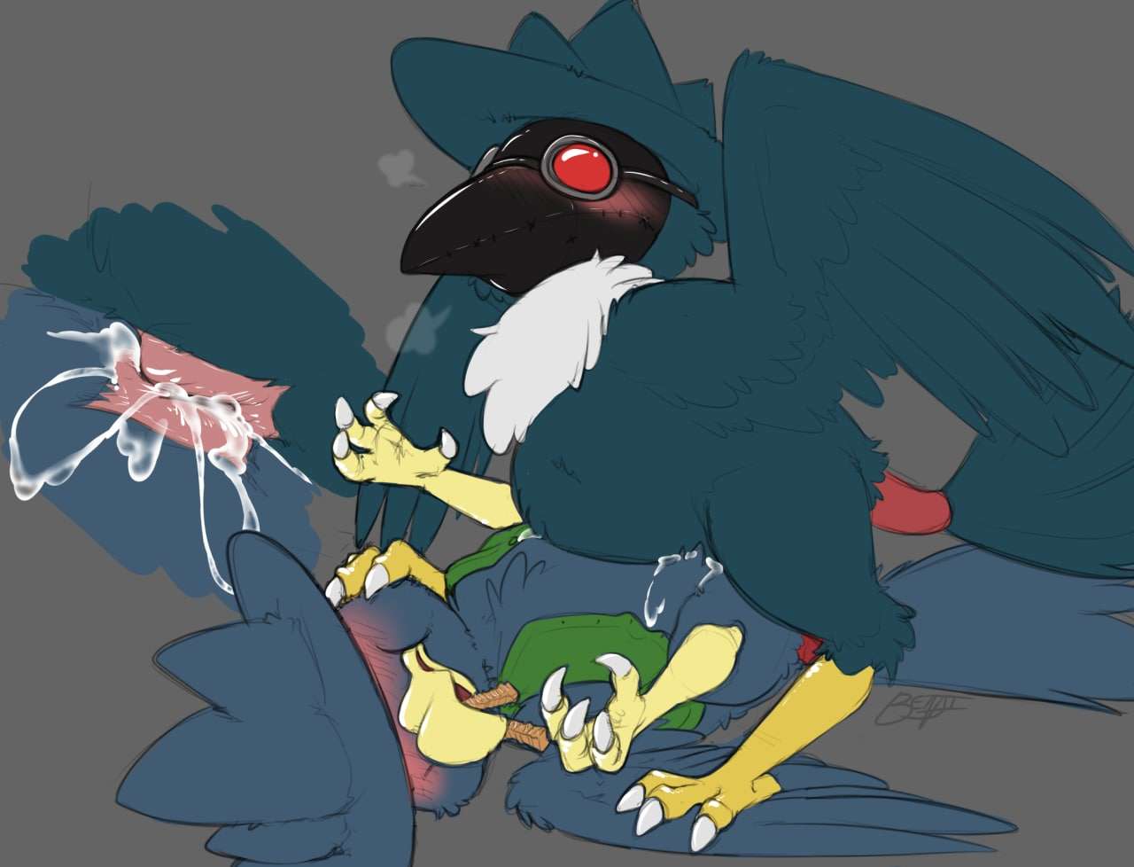 after_transformation ambiguous_gender animal_genitalia animal_mask beak beak_mask benji_(artist) blush bodily_fluids cloaca cloacal cloacal_kiss clothing cum duo eating feathered_wings feathers feral feral_on_feral food fries generation_2_pokemon generation_4_pokemon genital_fluids genitals honchkrow hybrid_pokemon linker male_(lore) mask murkrow nintendo pokemon pokemon_(species) psijic sex talons topwear video_games wings