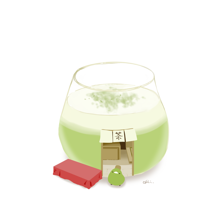 awning bench chai_(drawingchisanne) commentary_request cup doorway drink drinking_glass food food_focus glass looking_at_viewer matcha_(food) no_humans original signature storefront sweets_bird tea translation_request white_background