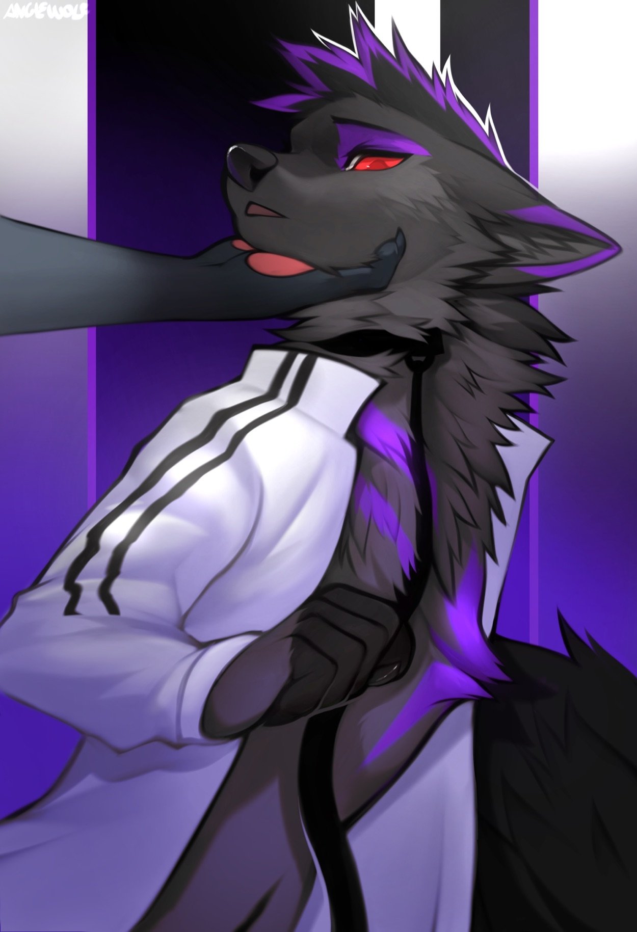 2022 5_fingers angiewolf anthro black_body black_fur canid canine canis clothing fingers fur hi_res holding_chin inner_ear_fluff leash male mammal offscreen_character red_eyes solo topwear tuft wolf