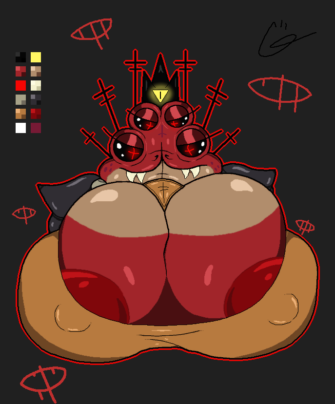 amphibian anthro big_breasts breasts cloak clothing crown cult_of_the_lamb female frog glowing heket_(cult_of_the_lamb) huge_breasts makeup multi_eye red_eyes sharp_teeth smile solo teeth tight_clothing voidbeerfloat